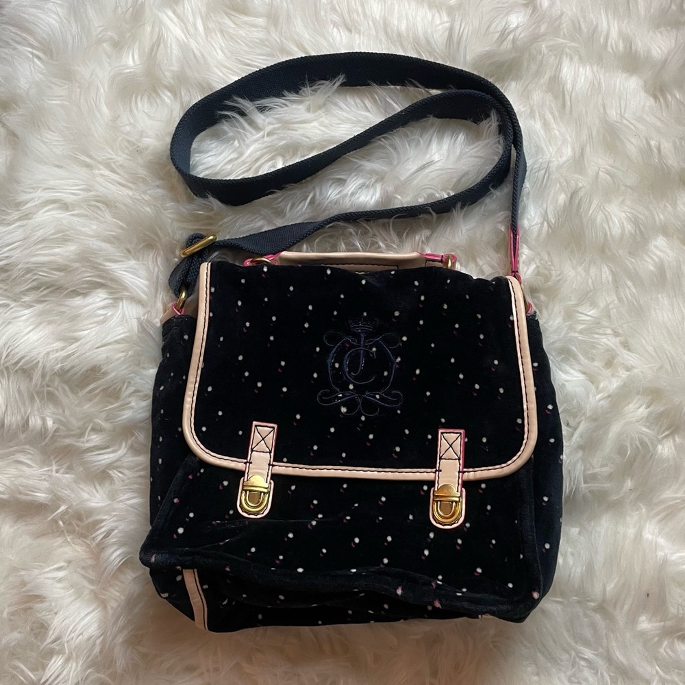 Juicy Couture Navy Blue Velour Polka Dot Messenger Crossbody Bag
